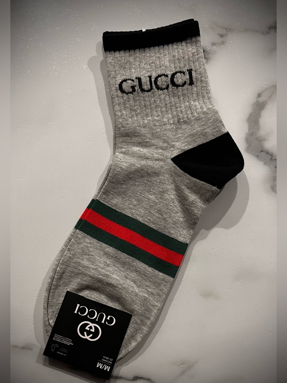Gucci Grey Crew Socks with Green and Red Stripes